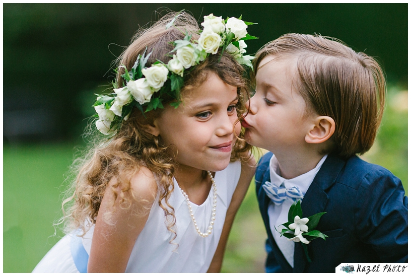 Seacoast Wedding Ringbearer kissing flower girl New England Fuller Gardens