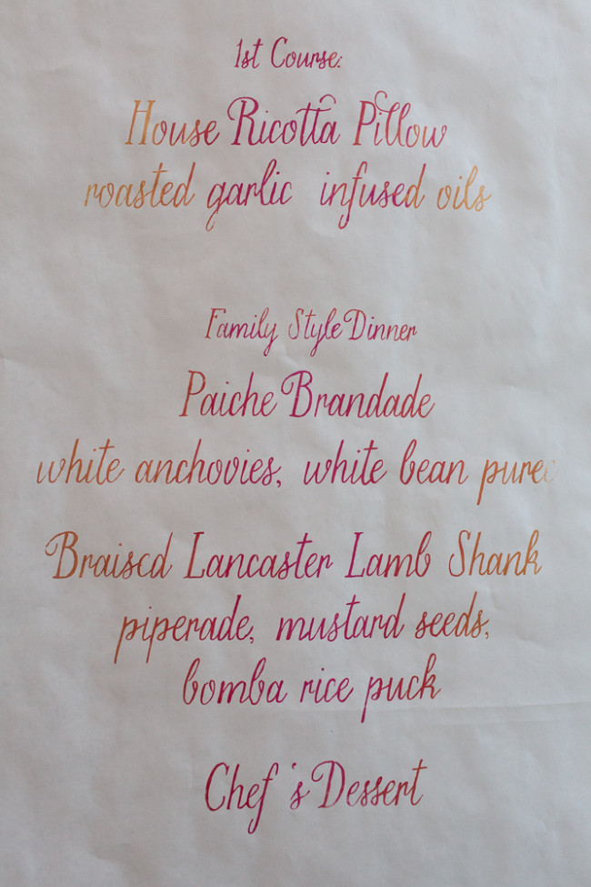 hand printed ombre menu by Birchtree catering