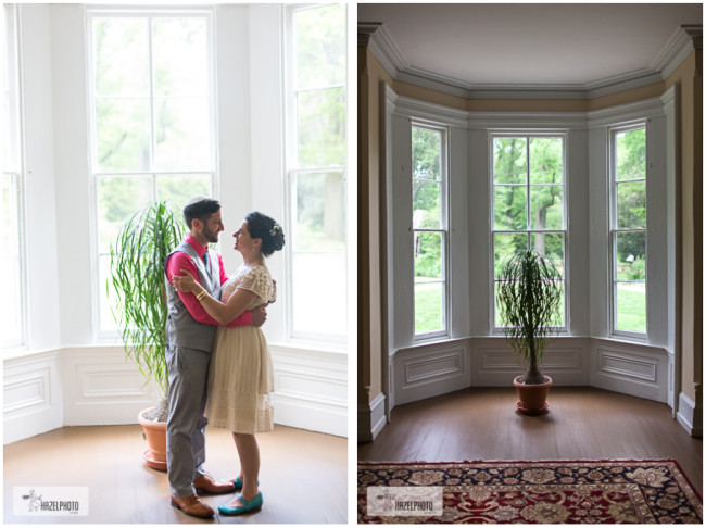 Awbury Arboretum Wedding, couple standing in beautiful bay window, natural light