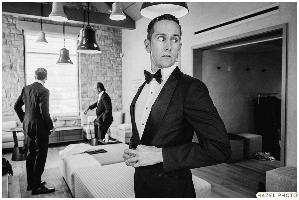stanly ranch wedding, napa valley, groom portrait black and white, tuxedo