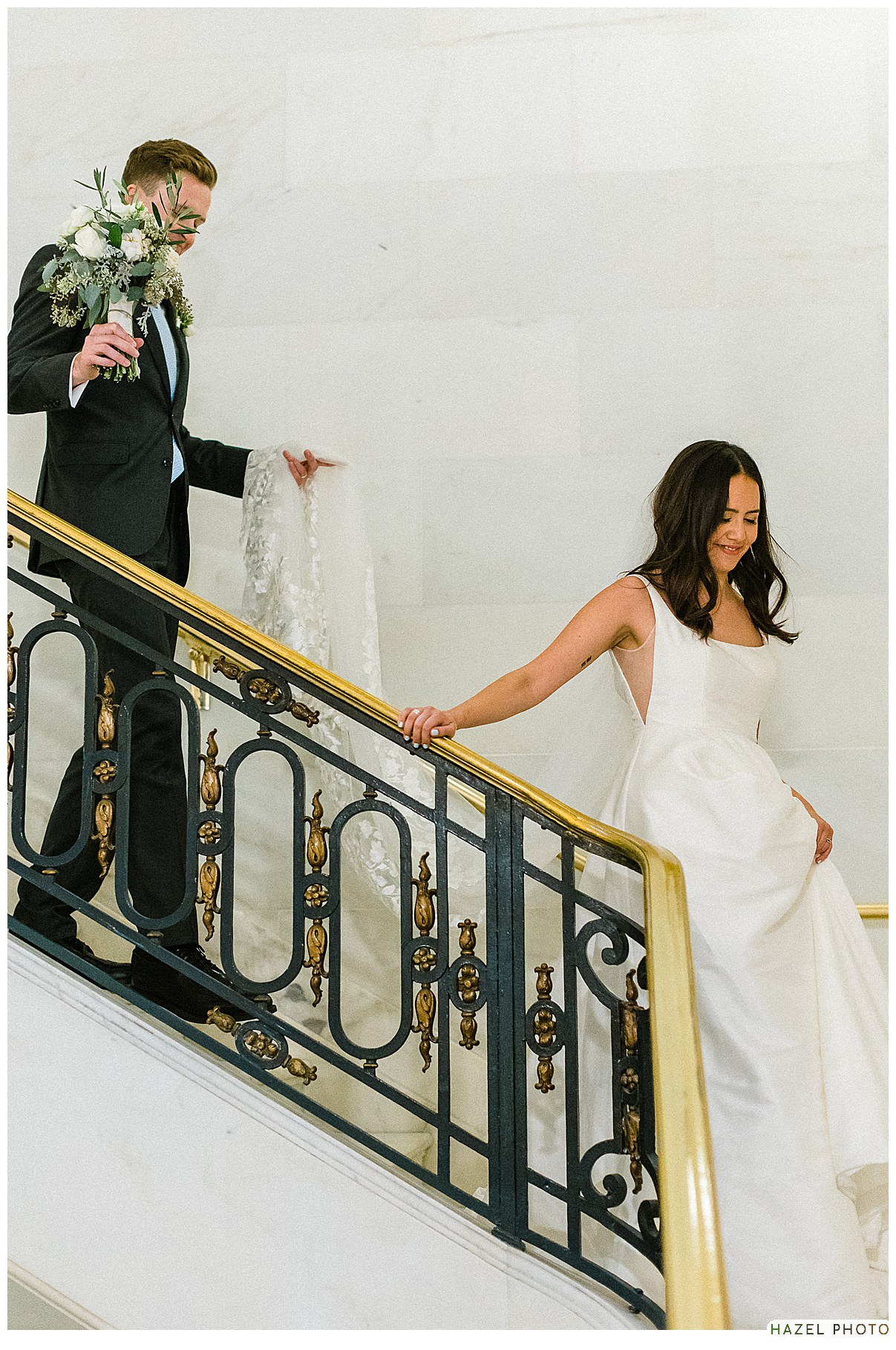 san francisco city hall mayor's balcony wedding, fourth floor north gallery, bride and groom portraits, documentary photography