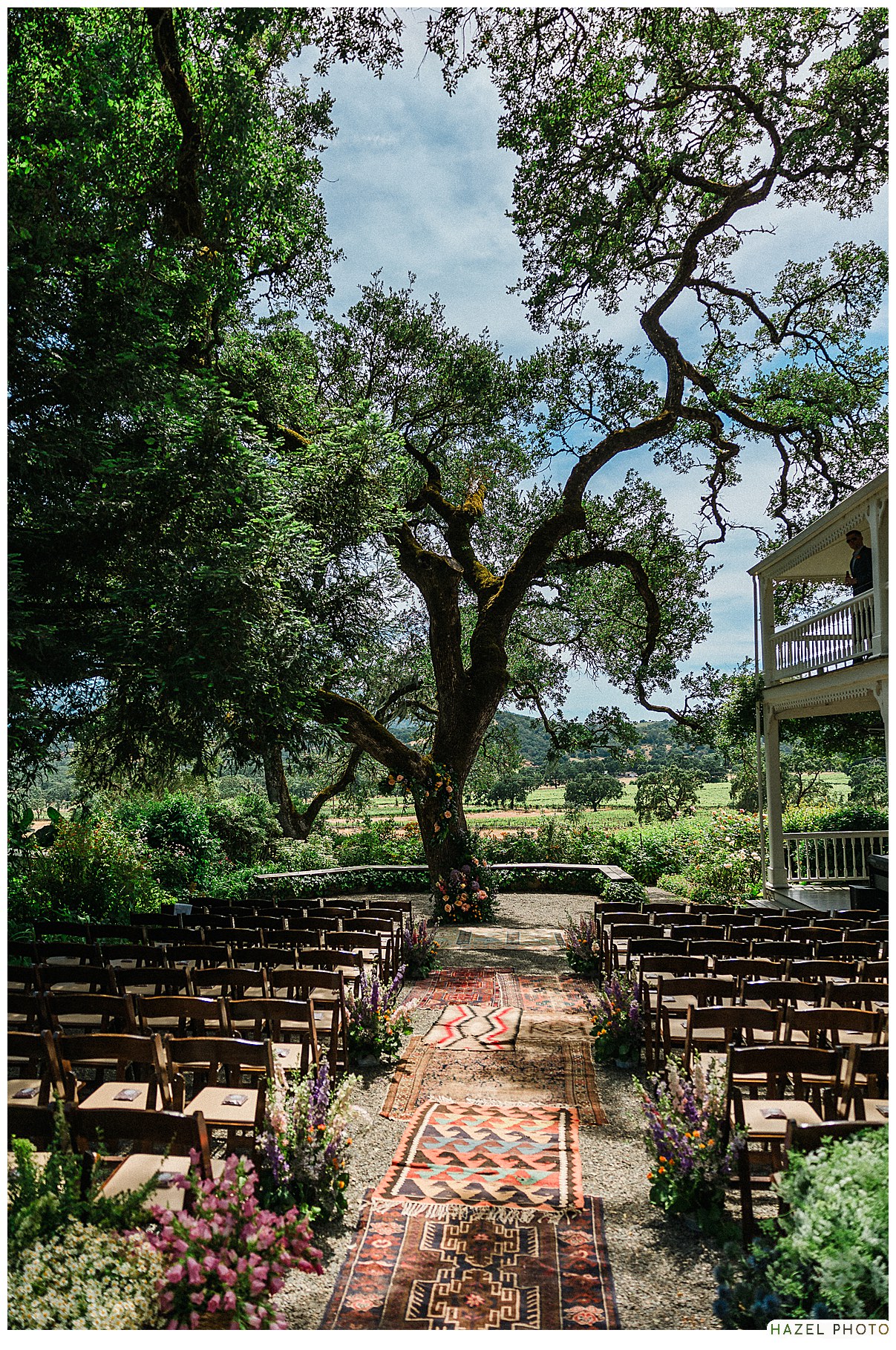 Beltane Ranch, Sonoma Garden wedding, ceremony aisle, oak tree ceremony, napa, vineyard view