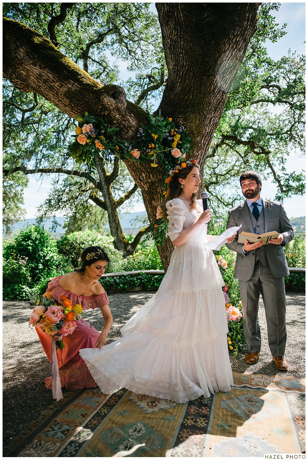 Beltane Ranch, Sonoma Garden wedding, ceremony, florals on oak tree. 