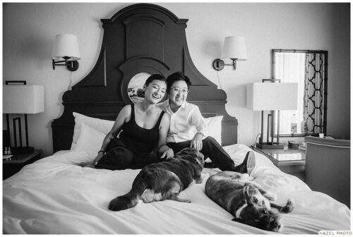 wedding couple photoshoot with dogs on bed at fairmont inn