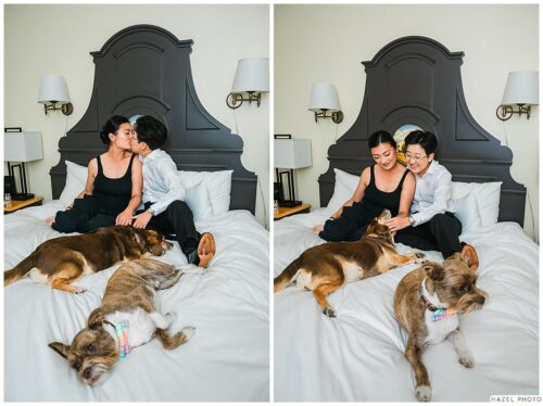 wedding couple photoshoot with dogs on bed at fairmont inn