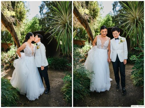portrait of wedding couple among art in the cornerstone garden