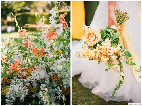 floral closeups: left: ceremony arrangements and right: wedding bouquet