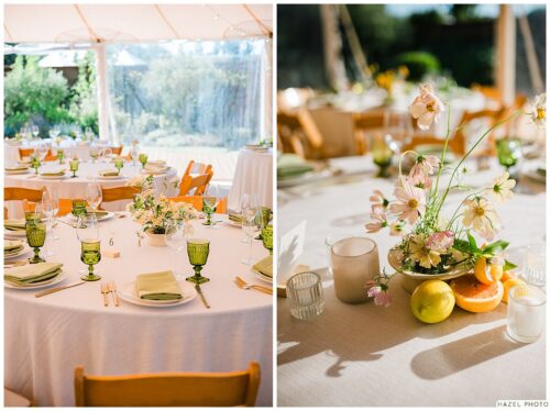 table setting close up of flowers and bright grapefruit