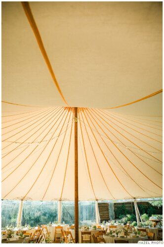 shot of interior ceiling of grand canopy tent for dinner at cornerstone garden
