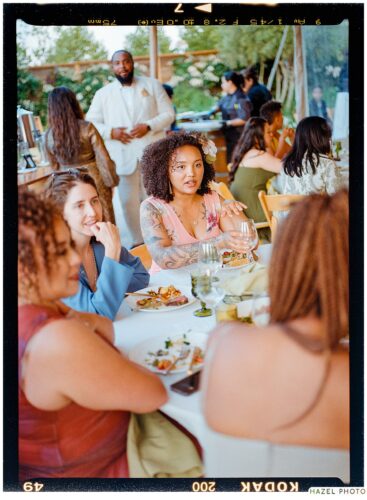 film candid photo of wedding guests at dinner