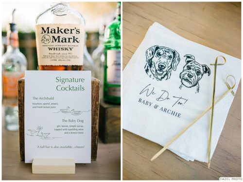 close up images of the signature cocktail description and the custom napkins with drawings of the newlyweds' dogs on them