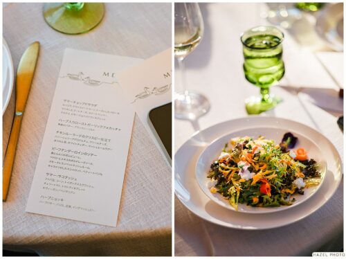 close up of cornerstone garden salad next to the dinner menu in Japanese