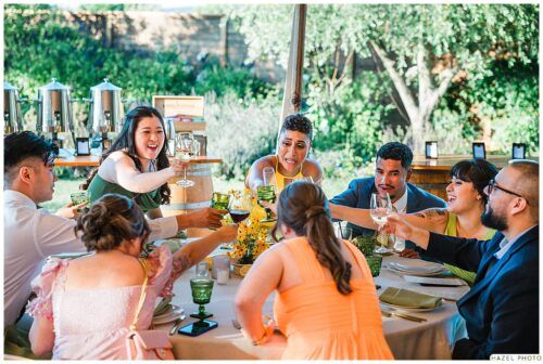 wedding guests toasting at dinner